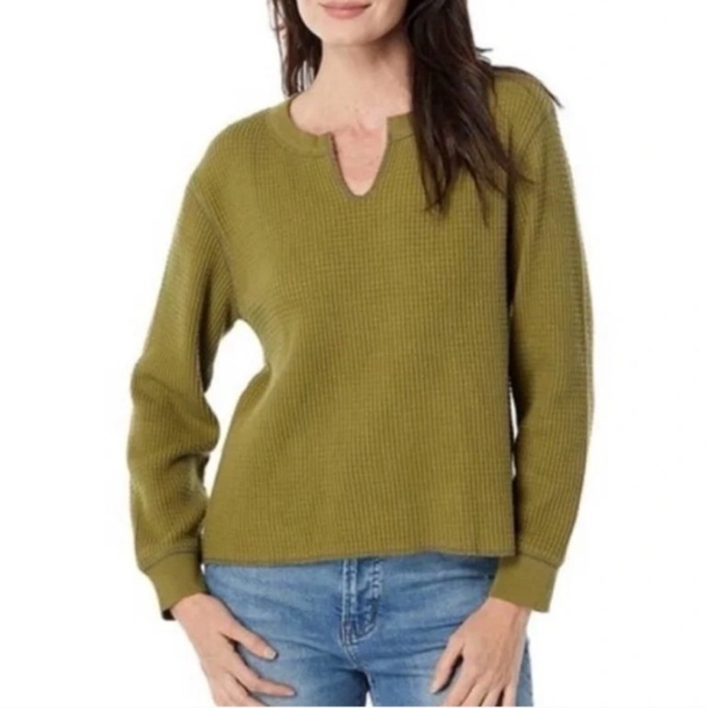 Madewell Womens Olive Green Waffle Knit Notch Neck Thermal Top Size Medium
